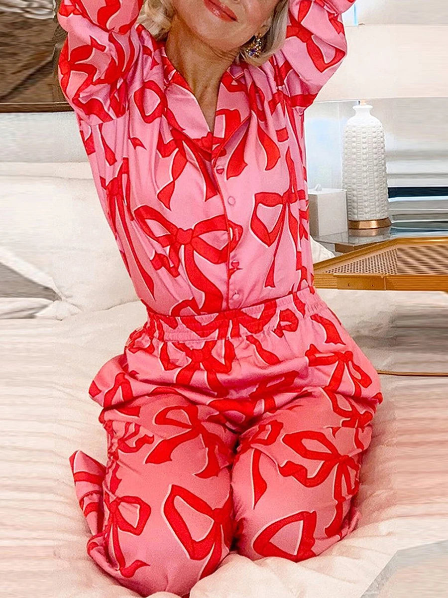 Bow Print Pajamas Set Y2k Graphic